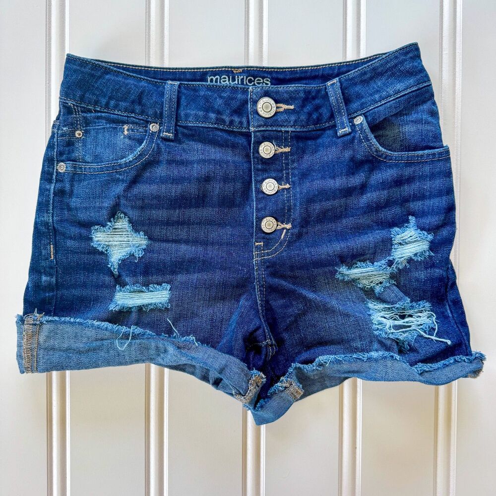 Distressed High Waist Dark Wash Maurices Denim Jean Shorts  | Frayed Hem